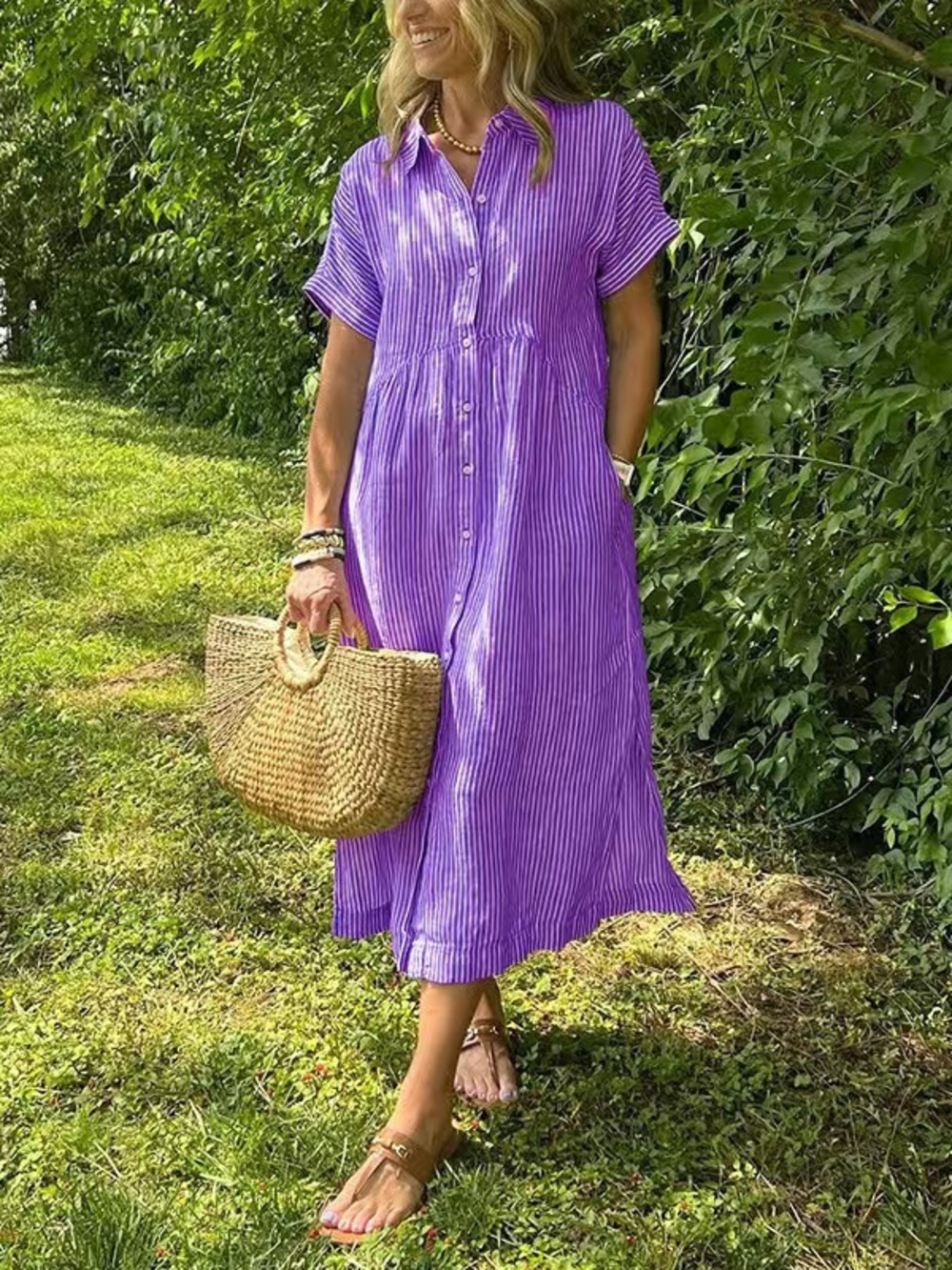 Women's Purple Striped Collared Short-Sleeve Relaxed Maxi Shirt Dress